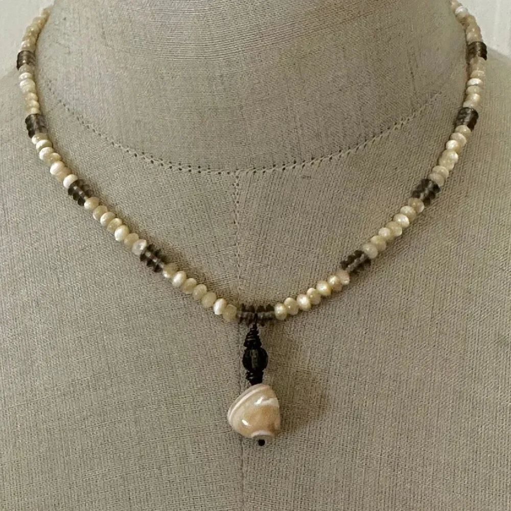 Artisan Mother of Pearl & Smoky Quartz Necklace with Sterling Silver Clasp